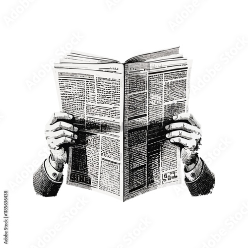 hands on open newspaper sketch engraving black and white outline. Scratch board imitation.. 