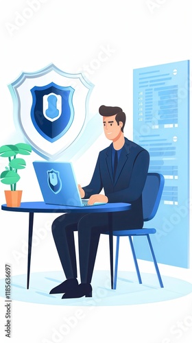 Man Conducting a Cybersecurity Review in an Animated Office Setting With Modern Technology and Office Decor. Generative AI