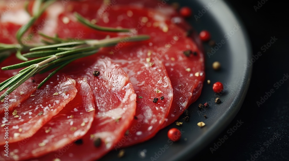 Lean beef slices seasoned with pepper and rosemary on a black plate showcasing a gourmet food presentation. Lean beef slices seasoned with pepper and rosemary on a black plate showcasing a gourmet food presentation.
