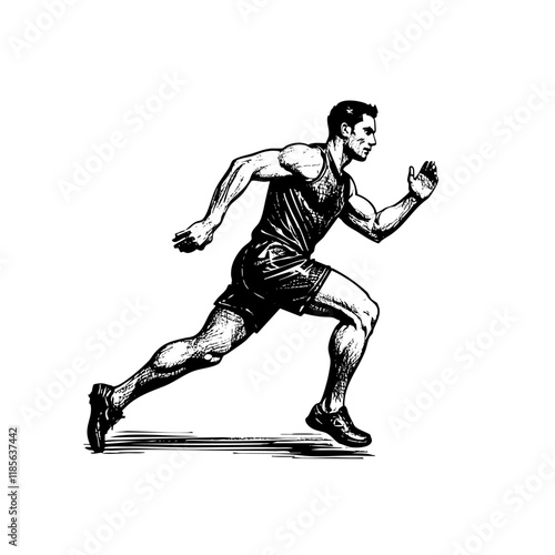man running sketch engraving black and white outline. Scratch board imitation.