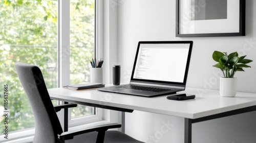 Wallpaper Mural Modern Workspace with Laptop, Notebook, and Green Plant by Bright Window Overlooking Natural Landscape Torontodigital.ca