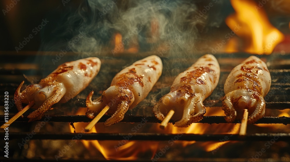 A close-up view of grilled squid skewers on a barbecue grill, with char marks highlighting the cooking process and smoke wafting in the air. A close-up view of grilled squid skewers on a barbecue grill, with char marks highlighting the cooking process and smoke wafting in the air.