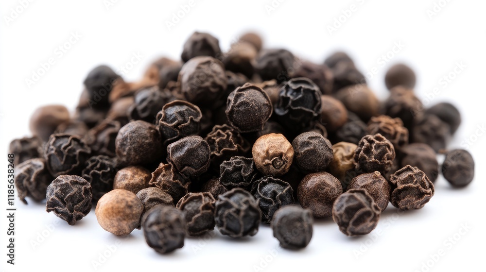 Variety of dried black and white peppercorns stacked together on a white background showcasing their textures and natural colors. Variety of dried black and white peppercorns stacked together on a white background showcasing their textures and natural colors.