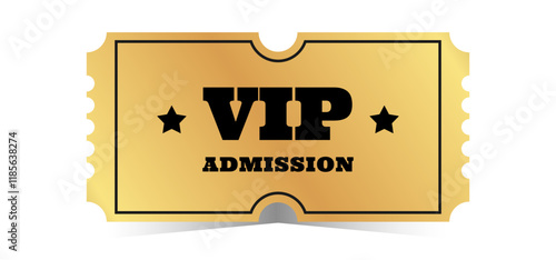 Golden VIP admission template design. Cinema, theater, casino, concert, film, party, festival gold ticket. Metal gradient coupon. Vector illustration on white background