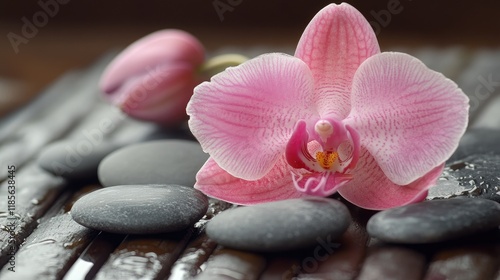 Delicate pink orchid petals resting on smooth gray stones creating a serene and tranquil spa-like atmosphere for relaxation and wellness