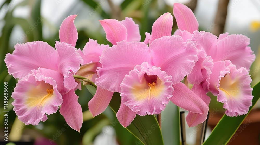 Obraz premium delicate pink orchid flowers with soft yellow centers creating a vibrant and elegant floral background for design projects