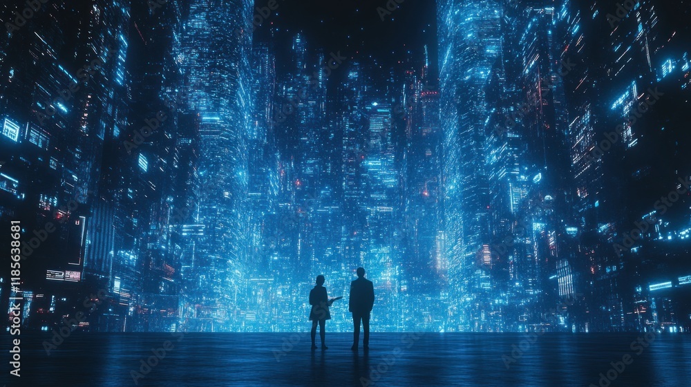 Silhouetted figures observing a vibrant, data-driven cityscape at night Silhouetted figures observing a vibrant, data-driven cityscape at night