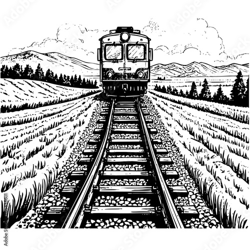 train on railroad with mountain landscape sketch engraving black and white outline. Scratch board imitation.