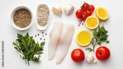 Fresh plaice fillets and cooking ingredients arrangement on white background for healthy meal preparation top view