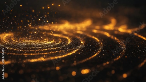 Illuminated golden circular lines creating an abstract digital technology background with floating particles in motion within a dark environment