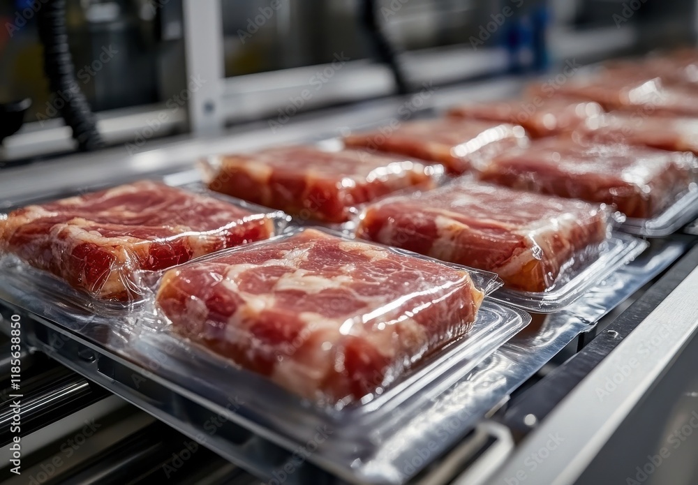 Freshly Packaged Meat Cuts on Production Line Ready for Distribution in Modern Food Processing Facility Freshly Packaged Meat Cuts on Production Line Ready for Distribution in Modern Food Processing Facility