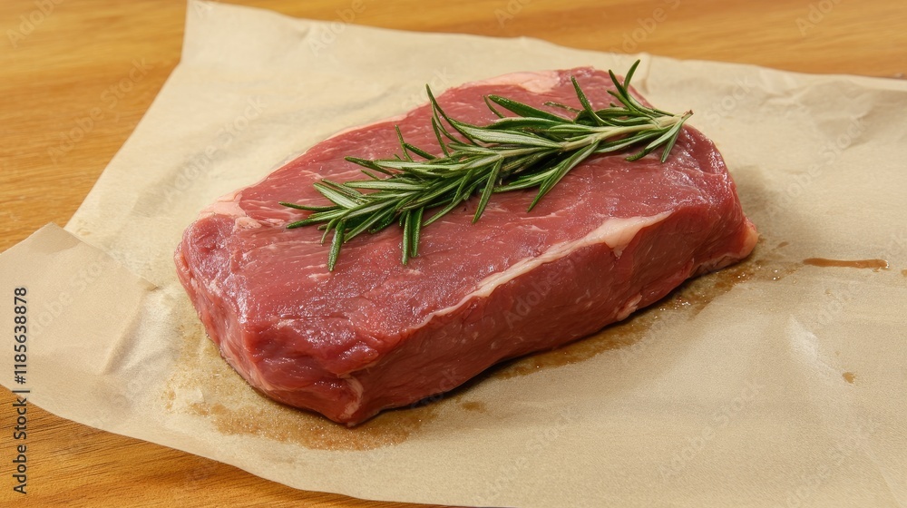 Raw pork steak garnished with fresh rosemary on parchment paper ready for cooking in a rustic kitchen setting Raw pork steak garnished with fresh rosemary on parchment paper ready for cooking in a rustic kitchen setting