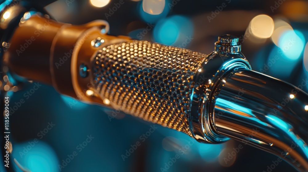 Close-up of a Classic Motorcycle Handlebar with Leather Grip and Chrome Accents Close-up of a Classic Motorcycle Handlebar with Leather Grip and Chrome Accents