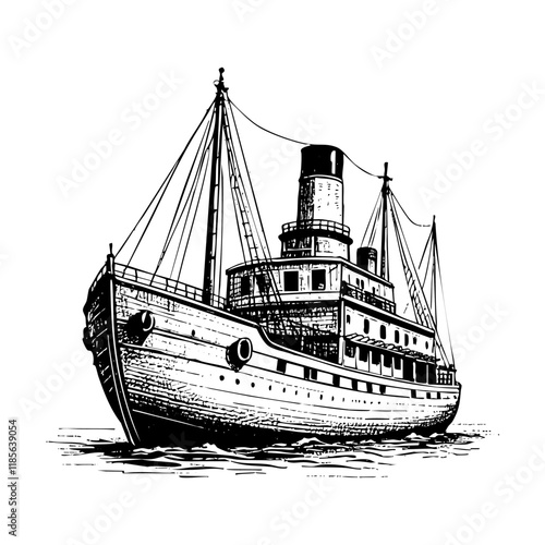 fishing boat sketch engraving black and white outline. Scratch board imitation.