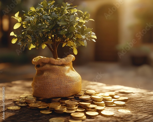 Golden stacked coins under sun with a flourishing money bag tree growing on wooden surface, public park background, symbolic of savings growth and investment opportunities photo