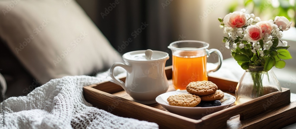 Elegant breakfast tray with tea juice cookies and fresh fruit in a cozy setting ideal for a relaxing morning retreat. Elegant breakfast tray with tea juice cookies and fresh fruit in a cozy setting ideal for a relaxing morning retreat.
