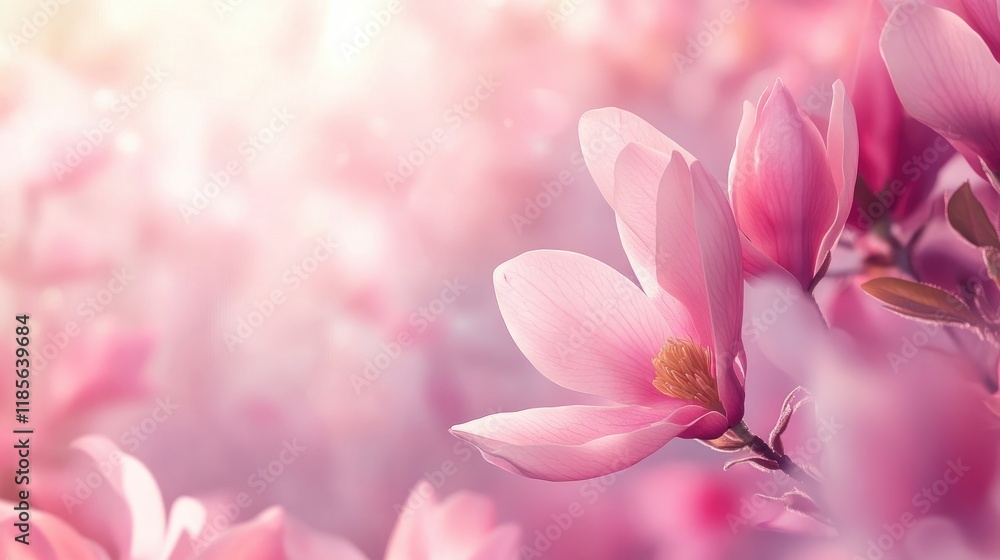 Pink magnolia blossoms closeup creating a serene floral background in a softly lit park setting during springtime. Pink magnolia blossoms closeup creating a serene floral background in a softly lit park setting during springtime.