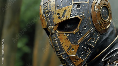 a man wearing a mask with gears on it photo