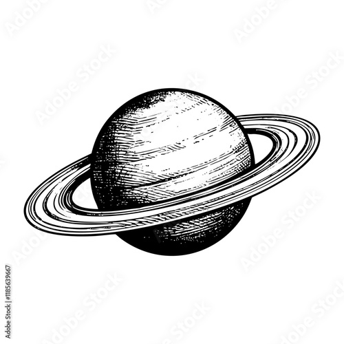 saturn planet sketch engraving black and white outline. Scratch board imitation.
