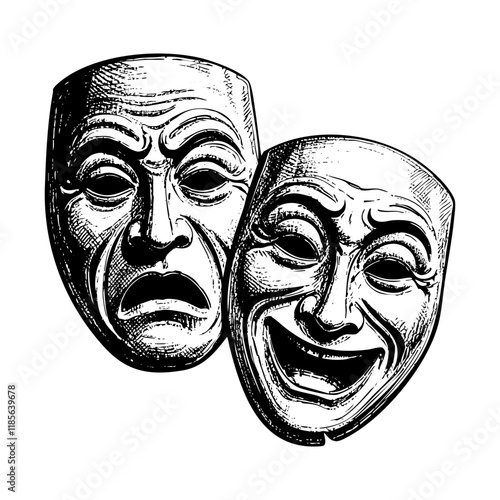 sad and smile mask sketch engraving black and white outline. Scratch board imitation.