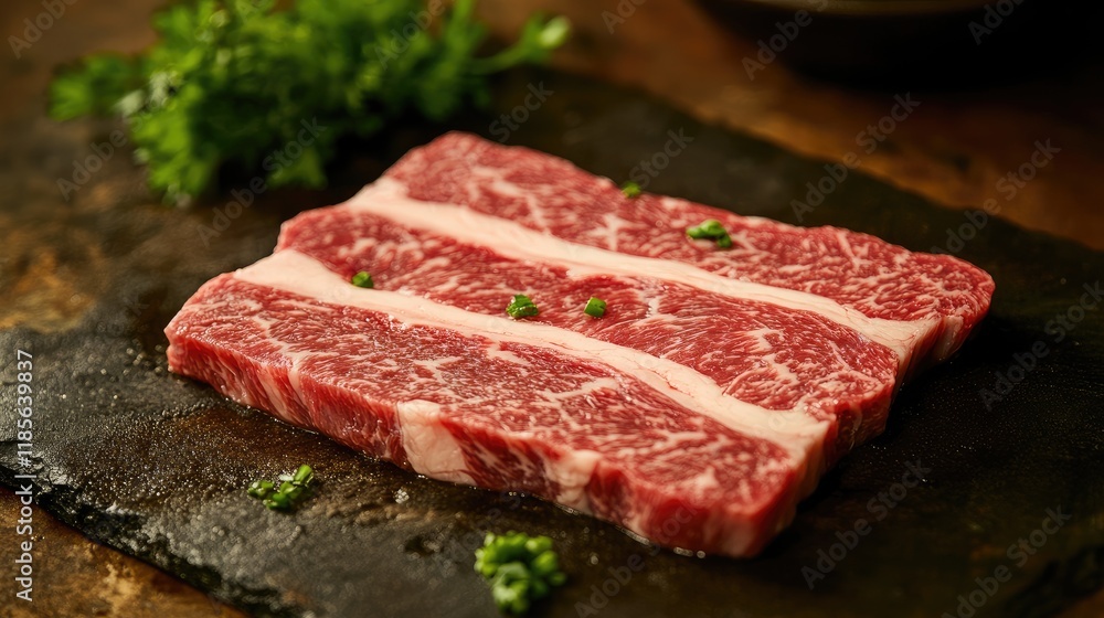 Fototapeta premium Premium marbled wagyu beef cut for shabu shabu served on slate plate at traditional Japanese restaurant with fresh herbs garnish