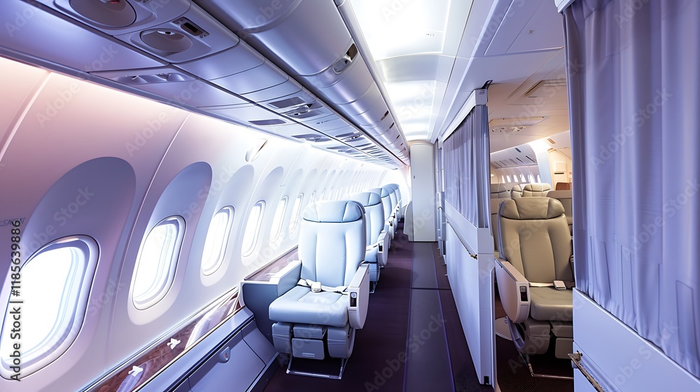 Obraz premium Interior of an airplane cabin showcasing comfortable seating and modern design.