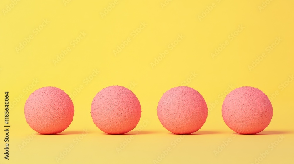 Pink spherical objects arranged in a row on a vibrant yellow background symbolizing classification and growth in visual design Pink spherical objects arranged in a row on a vibrant yellow background symbolizing classification and growth in visual design