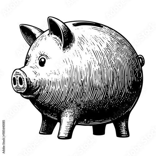 piggy bank sketch engraving black and white outline. Scratch board imitation.