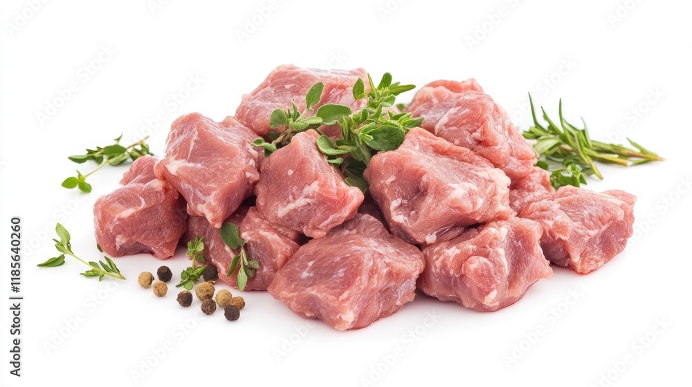 Fresh raw pork chunks garnished with herbs and spices on a white background for culinary or recipe purposes Fresh raw pork chunks garnished with herbs and spices on a white background for culinary or recipe purposes
