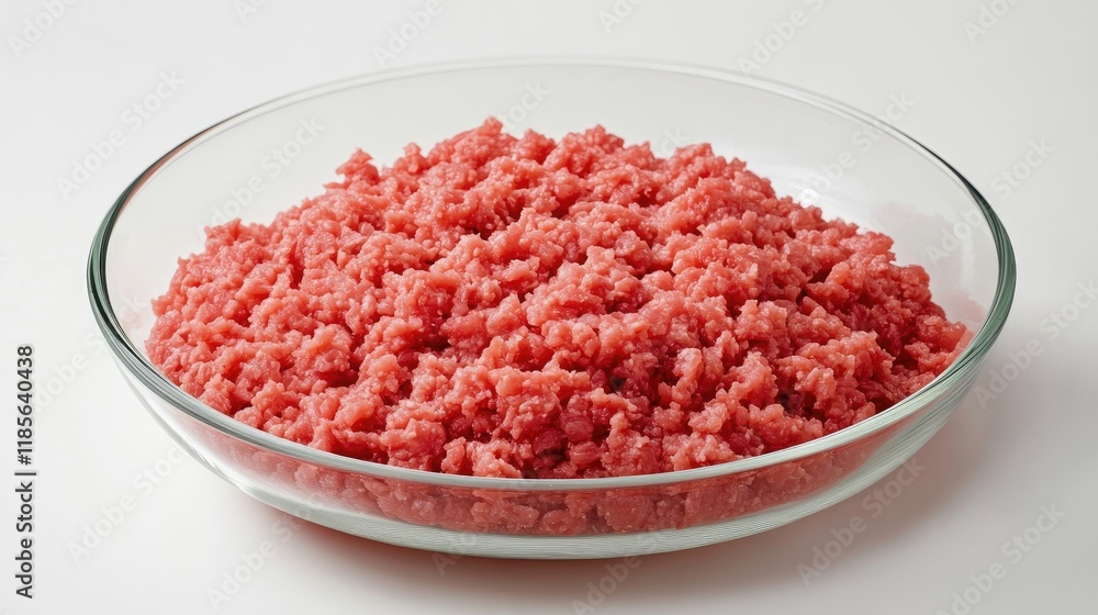 Minced raw hamburger meat in a glass bowl ready for grilling and cooking preparation in a clean kitchen setting. Minced raw hamburger meat in a glass bowl ready for grilling and cooking preparation in a clean kitchen setting.