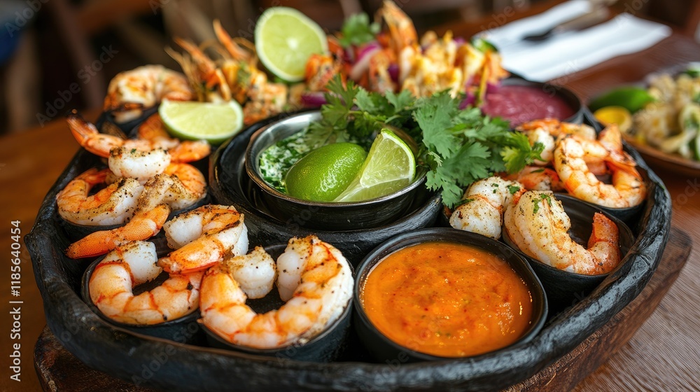 A colorful seafood spread featuring grilled large shrimp alongside a selection of dipping sauces, garnished with lime slices and fresh herbs for a tropical touch. A colorful seafood spread featuring grilled large shrimp alongside a selection of dipping sauces, garnished with lime slices and fresh herbs for a tropical touch.