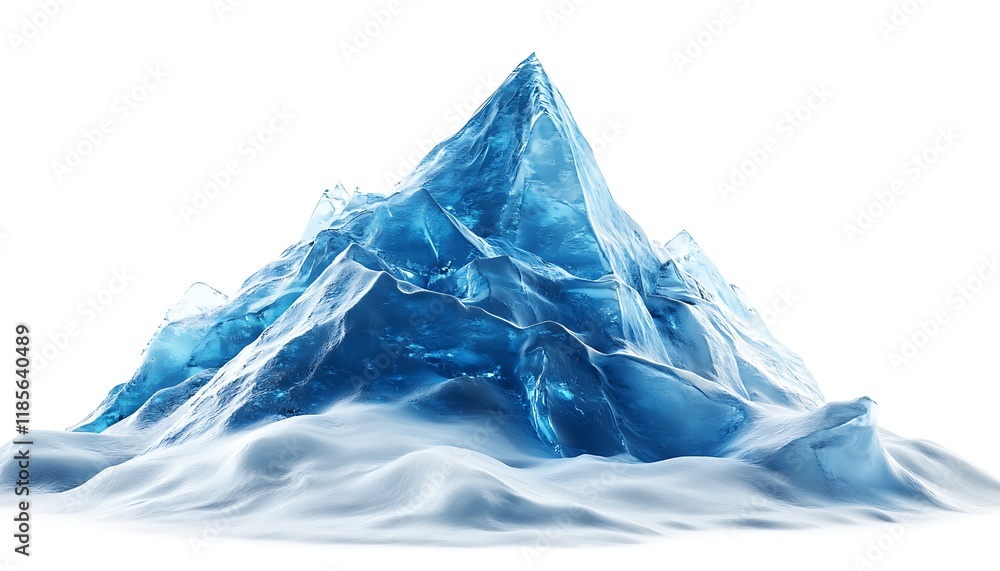 A dramatic blue ice mountain peak with snow drifts, set against a white background, highlighting its icy splendor. A dramatic blue ice mountain peak with snow drifts, set against a white background, highlighting its icy splendor.