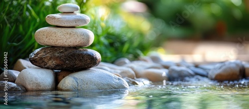 Serene garden water feature with stacked stones surrounded by lush greenery and natural light ideal for mindfulness and relaxation themes photo