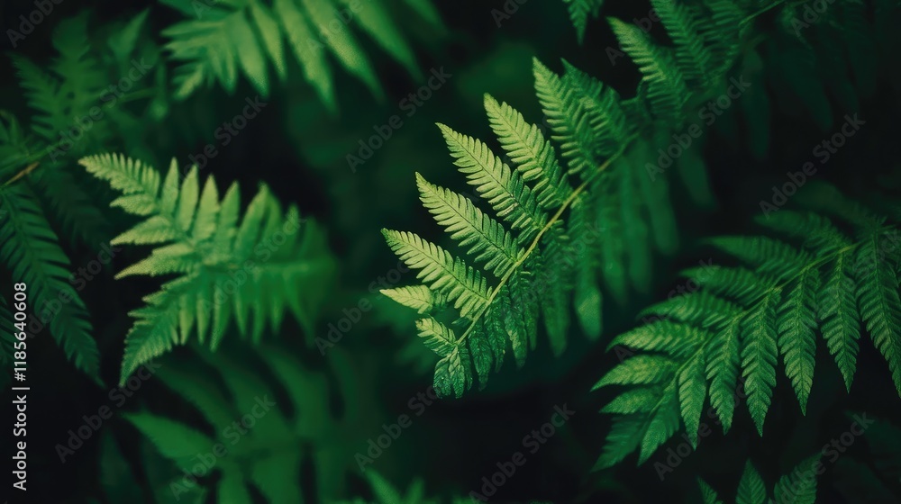 Obraz premium Lush green fern fronds in a dense rainforest creating a vibrant natural ambiance with intricate leaf patterns and textures.
