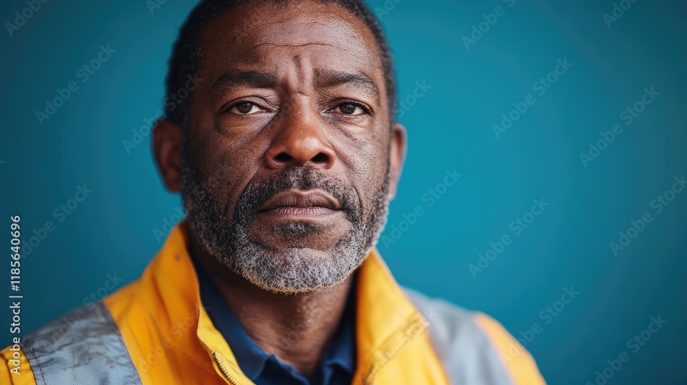 Fototapeta premium Serious African American middle aged construction worker in professional PPE against a blue backdrop showcasing dedication and expertise