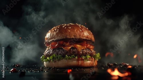 delicious gourmet burger with melting cheese and fresh toppings on a dark smoky background with glowing embers photo