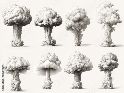 A series of stylized mushroom clouds depicting explosive events.
