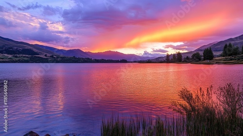 Wallpaper Mural Stunning sunset illuminates the lake with vibrant colors and a reflective surface creating a serene natural landscape scene Torontodigital.ca