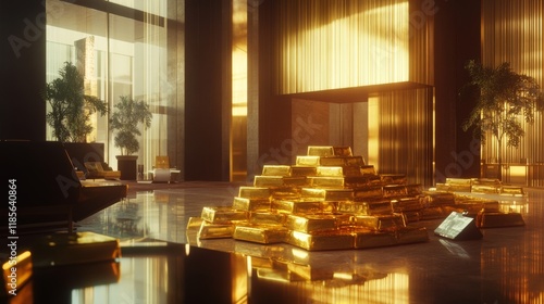 Golden bars displayed in luxury office high-end business environment modern interior design wealth and success concept photo