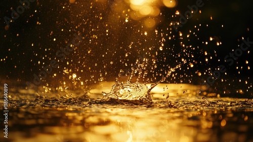 Glowing water splash with shimmering droplets under golden sunlight creating a vibrant and dynamic visual effect