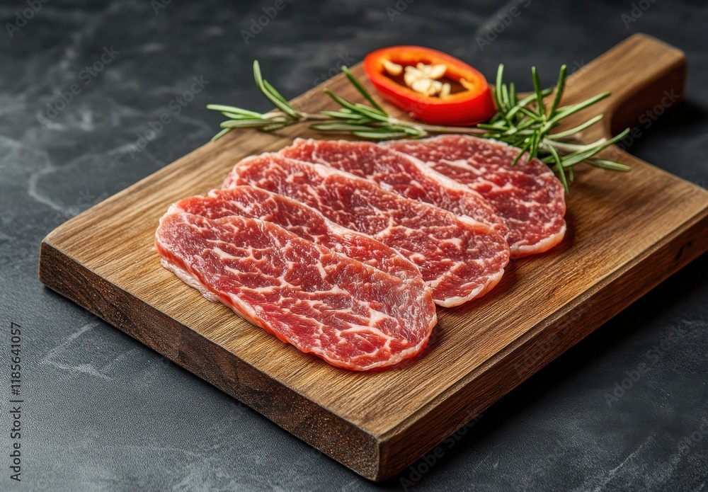 Freshly Sliced Marbled Steak on Wooden Board with Rosemary and Chili Pepper Garnish for Culinary and Food Photography, Ideal for Gourmet Recipes and Meat Dishes Freshly Sliced Marbled Steak on Wooden Board with Rosemary and Chili Pepper Garnish for Culinary and Food Photography, Ideal for Gourmet Recipes and Meat Dishes
