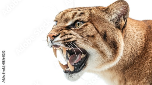 Saber Tooth Cat Close-Up Displaying Teeth on Plain White Background photo