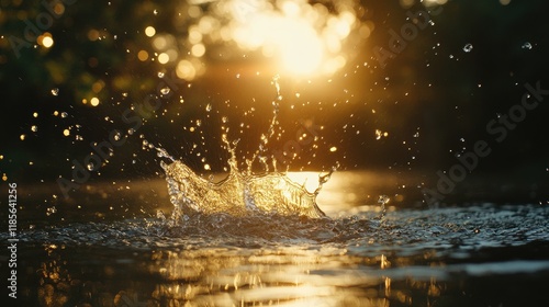 Glowing water splash illuminated by sunlight creating a serene and vibrant atmosphere in a tranquil outdoor setting