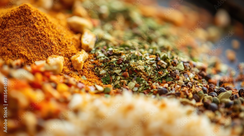 Close up of an array of vibrant spices used in traditional chicken biryani showcasing rich colors and textures with shallow depth of field Close up of an array of vibrant spices used in traditional chicken biryani showcasing rich colors and textures with shallow depth of field