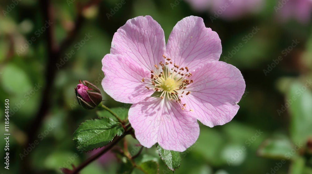 Delicate pink flower blossom with lush green foliage in a close-up view showcasing intricate petal details and natural beauty. Delicate pink flower blossom with lush green foliage in a close-up view showcasing intricate petal details and natural beauty.