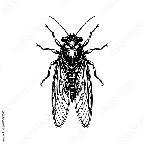 cicada insect sketch engraving black and white outline. Scratch board imitation.
