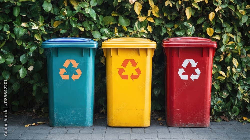 Colorful recycling bins against a greenery backdrop promoting eco-friendly waste management and environmental sustainability. Colorful recycling bins against a greenery backdrop promoting eco-friendly waste management and environmental sustainability.