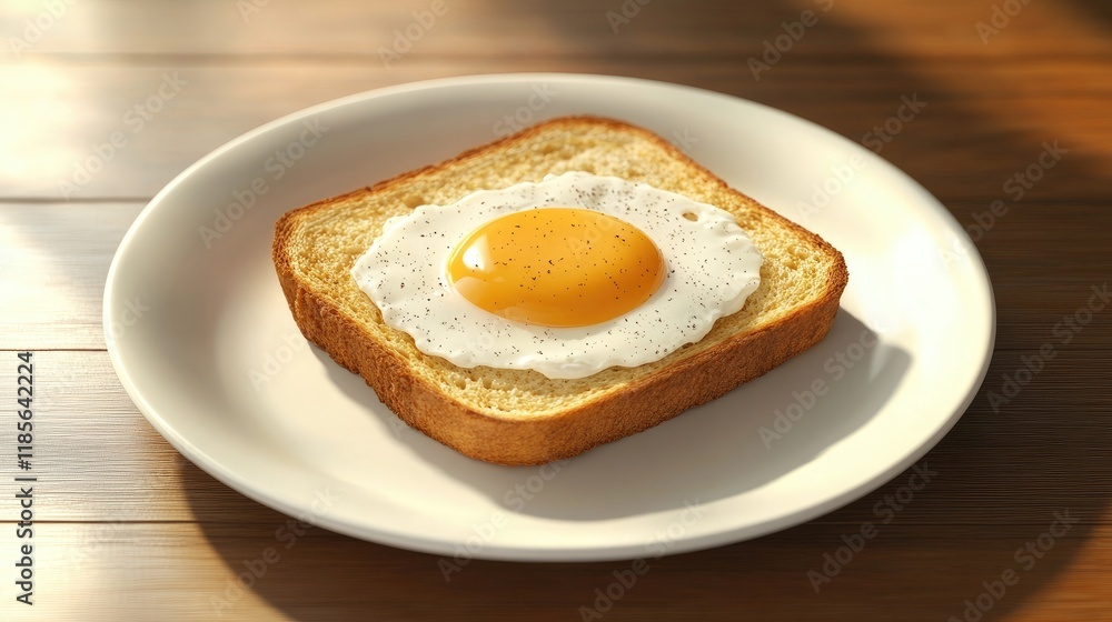 Simple farmhouse breakfast with fried egg on bread served on a wooden table highlighting rustic rural food aesthetics. Simple farmhouse breakfast with fried egg on bread served on a wooden table highlighting rustic rural food aesthetics.