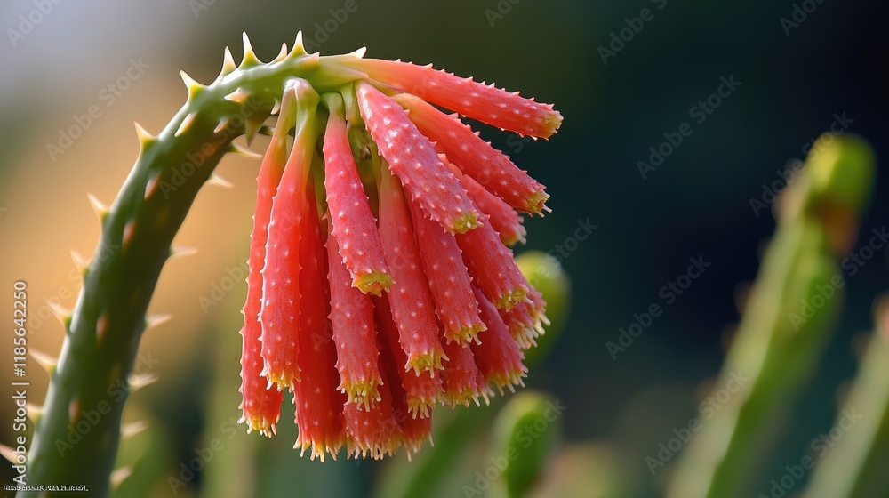 Vibrant red aloe vera flower showcasing unique tubular blooms against a blurred green background in natural sunlight.