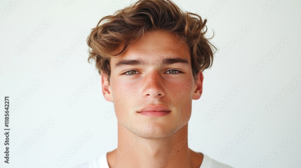 Close up portrait of a young man with curly hair and a neutral expression against a plain white background showcasing youthful confidence Close up portrait of a young man with curly hair and a neutral expression against a plain white background showcasing youthful confidence